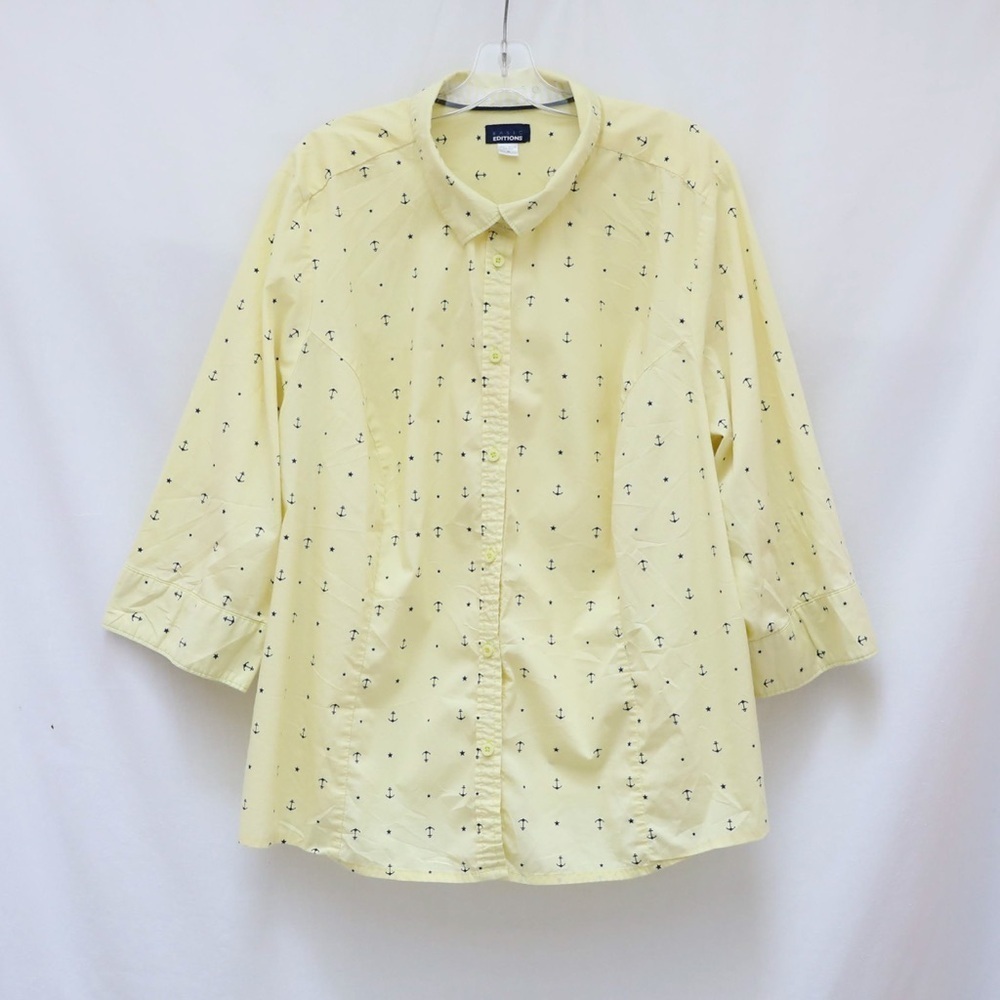 Basic Editions pale yellow shirt anchor print plus size top 4X nautical cotton